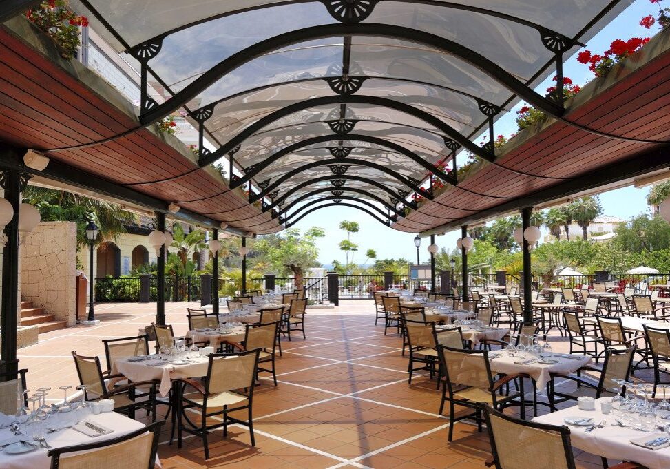 Open-air restaurant at luxury hotel, Tenerife island, Spain